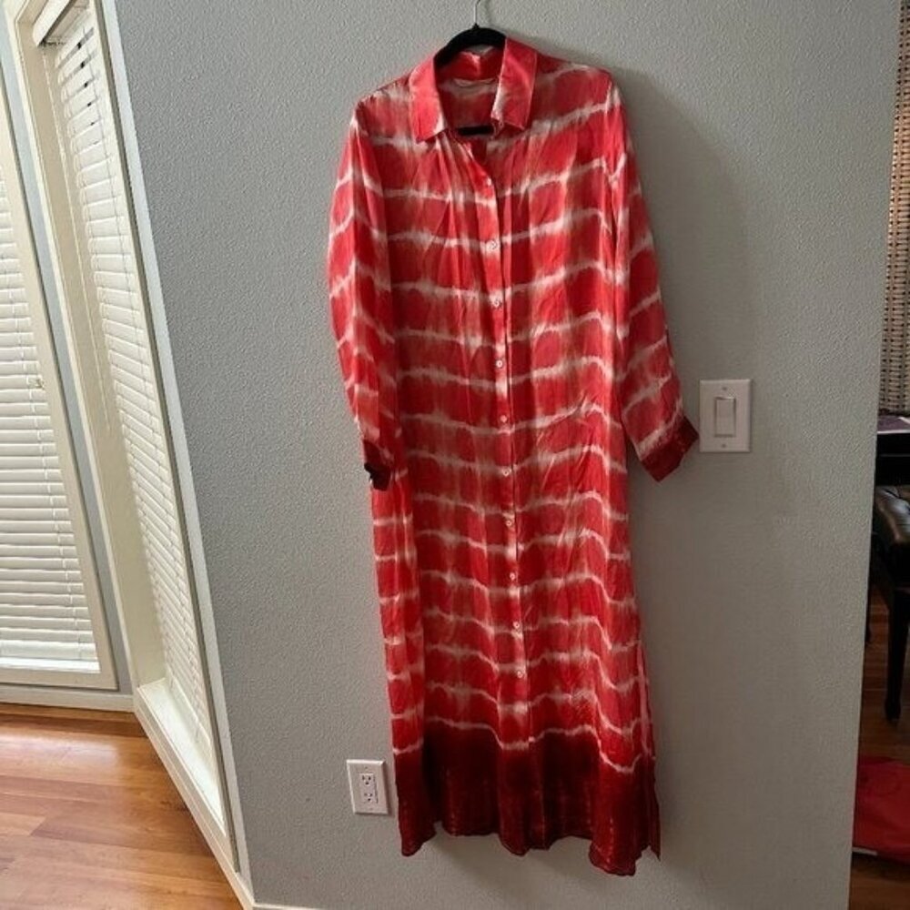 Soft Surroundings LARGE Maxi Dress Satin Striped Button Front Shirtdress